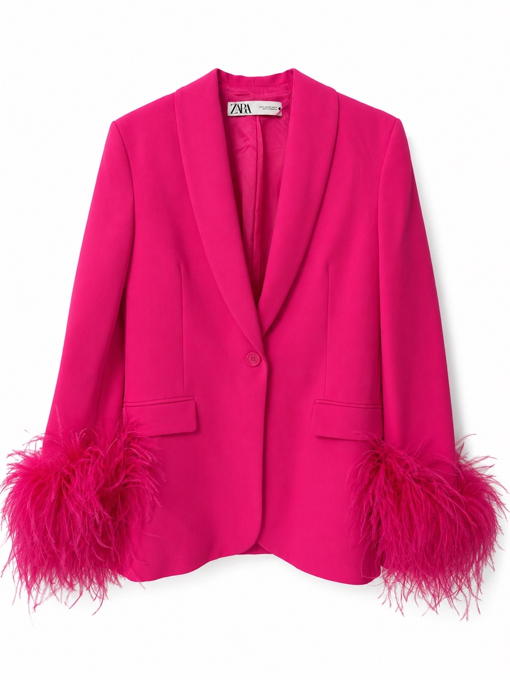 Zara Hot Pink Feather Cuff Blazer XS Like New Statement Jacket Barbiecore